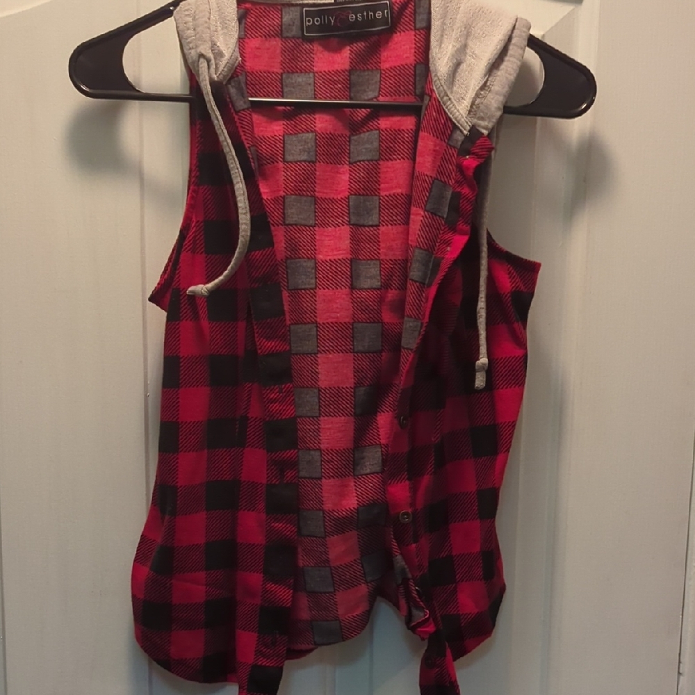 Polly & Esther Red and Black Plaid Vest with Hood